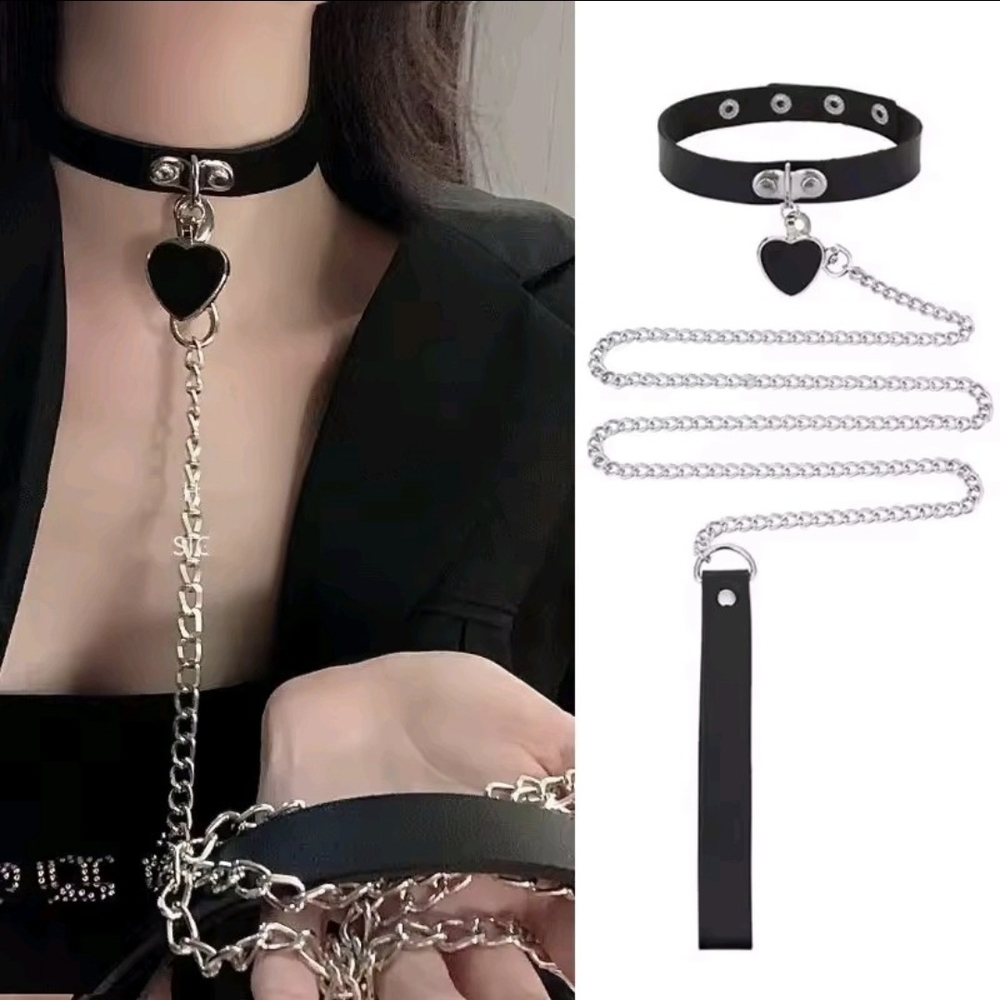Black Heart Pendant Choker with Silver Chain Leash